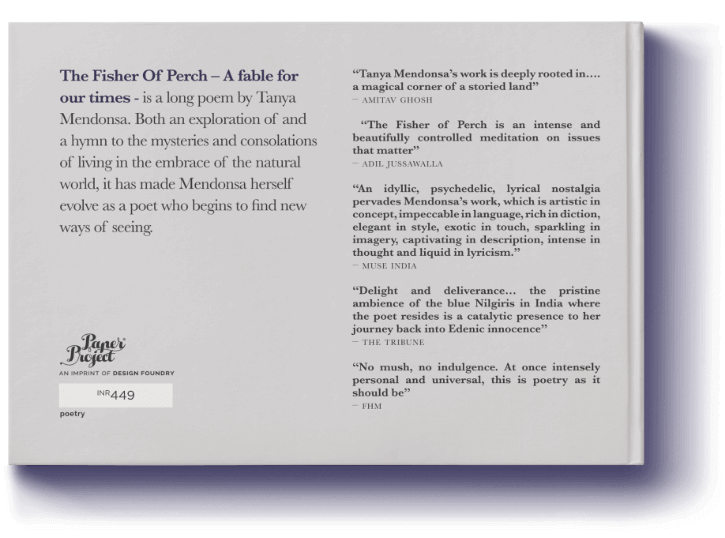 The Fisher of Perch back cover featuring testimonials, designed by Design Foundry.