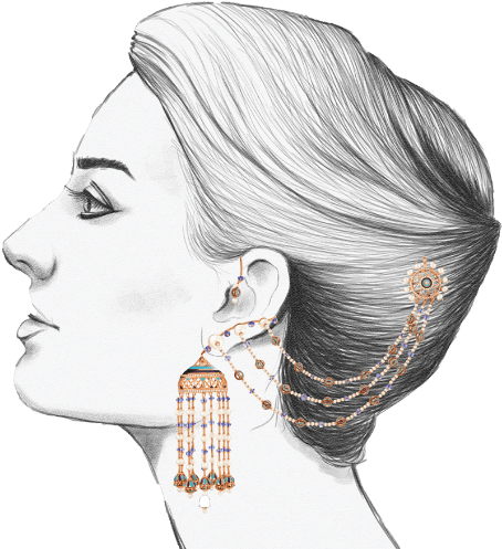 A sketch by Design Foundry of a lady's face in profile, wearing an earring by VBJ.