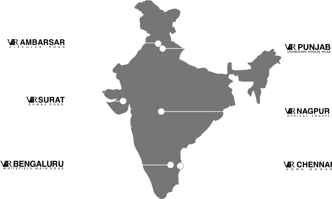 A map showing the locations of Virtuous Retail centres where the Mad Mad Sale campaign by Design Foundry was run - VR Chennai, VR Bengaluru, VR Surat, VR Nagpur, VR Punjab and VR Ambarsar.