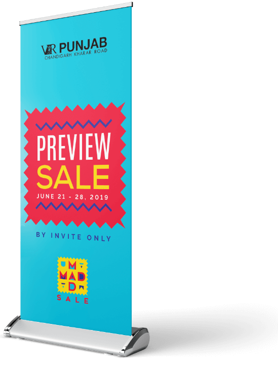 Mockup of roll-up designed by Design Foundry for Mad Mad Sale run across various Virtuous Retail centres.